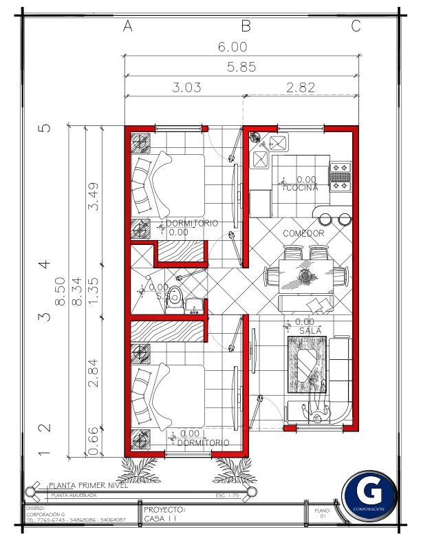 Planos de casa 26 de 6.00 × 8.49 m